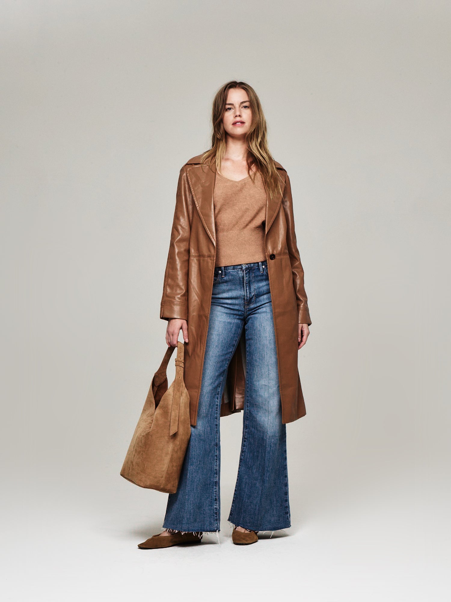 Wide Leg Long Coat With Jeans Female 70s-inspired High Rise Wide