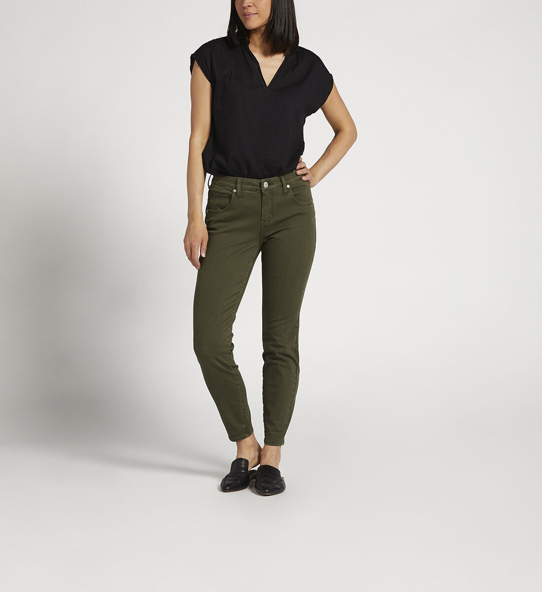 Cecilia Mid Rise Skinny Pants,Olive Front