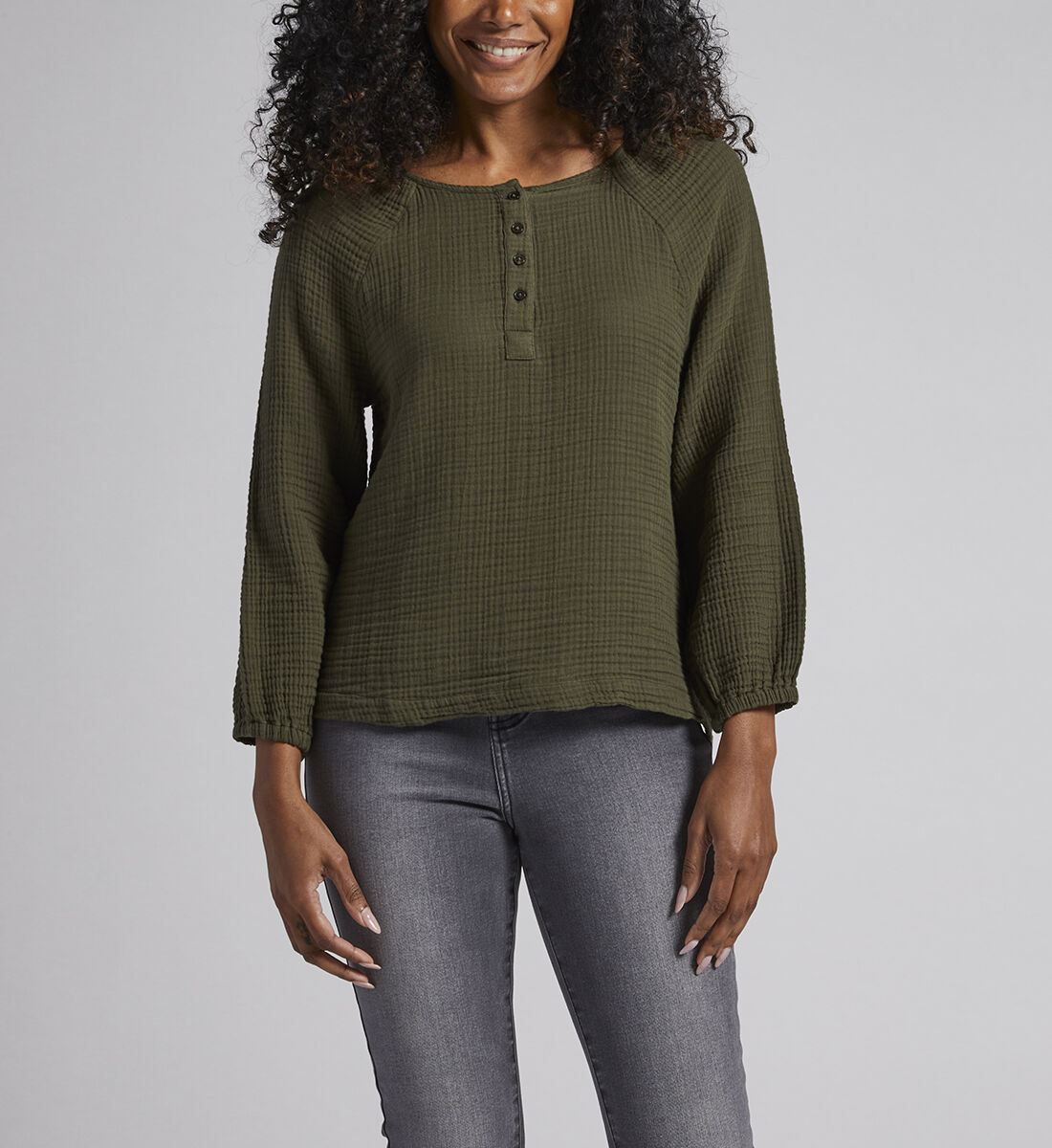 Textured Henley Blouse,Olive Front