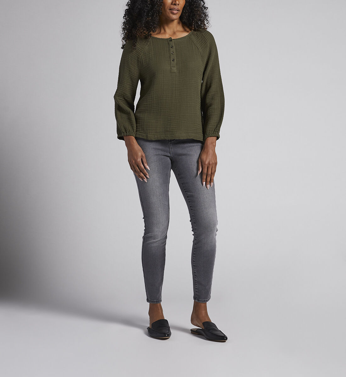 Textured Henley Blouse,Olive Side