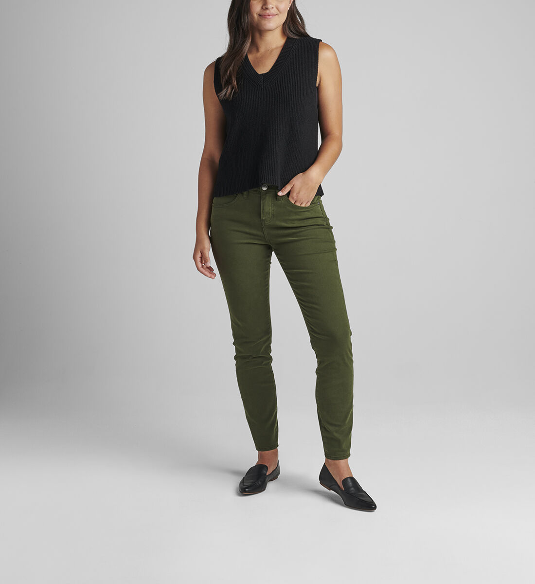 Cecilia Mid Rise Skinny Jeans,Military Green Front