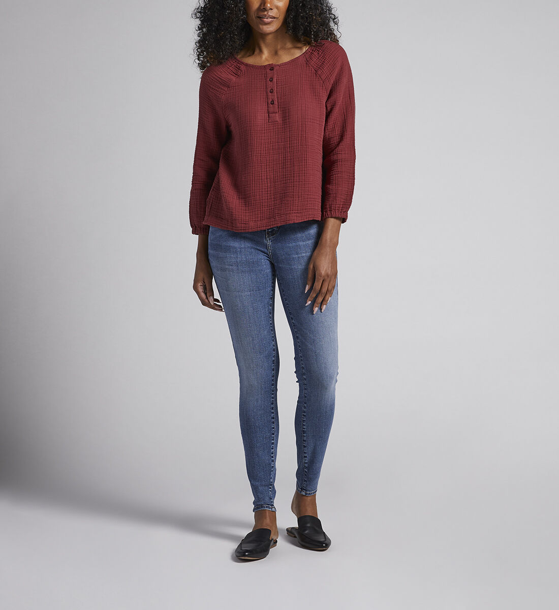 Textured Henley Blouse,Brick Front
