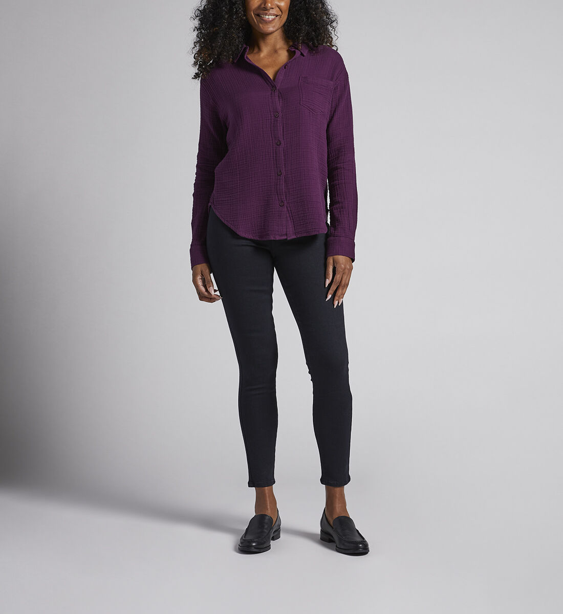 Textured Long-Sleeve Tunic,Eggplant Front