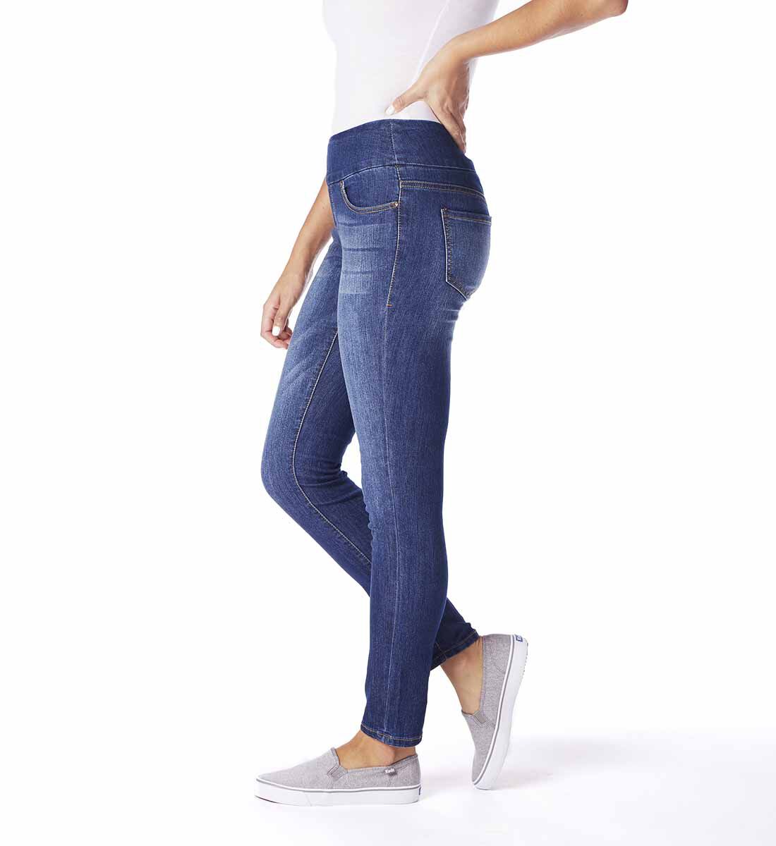 Nora Mid Rise Skinny Pull-On Jeans,Med Indigo Side