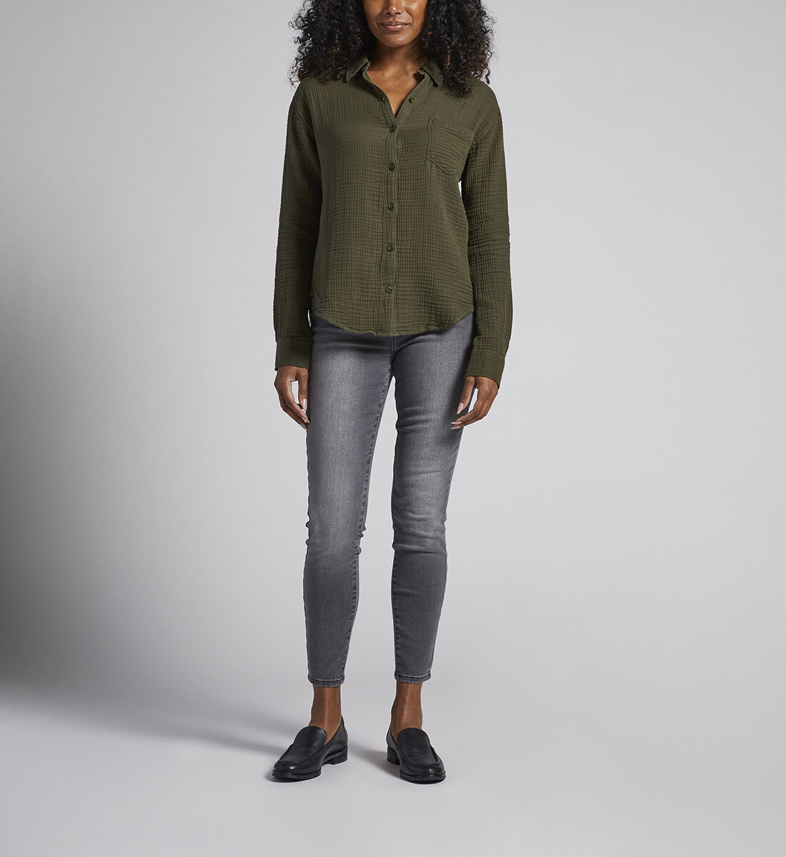 Textured Long-Sleeve Tunic,Olive Front