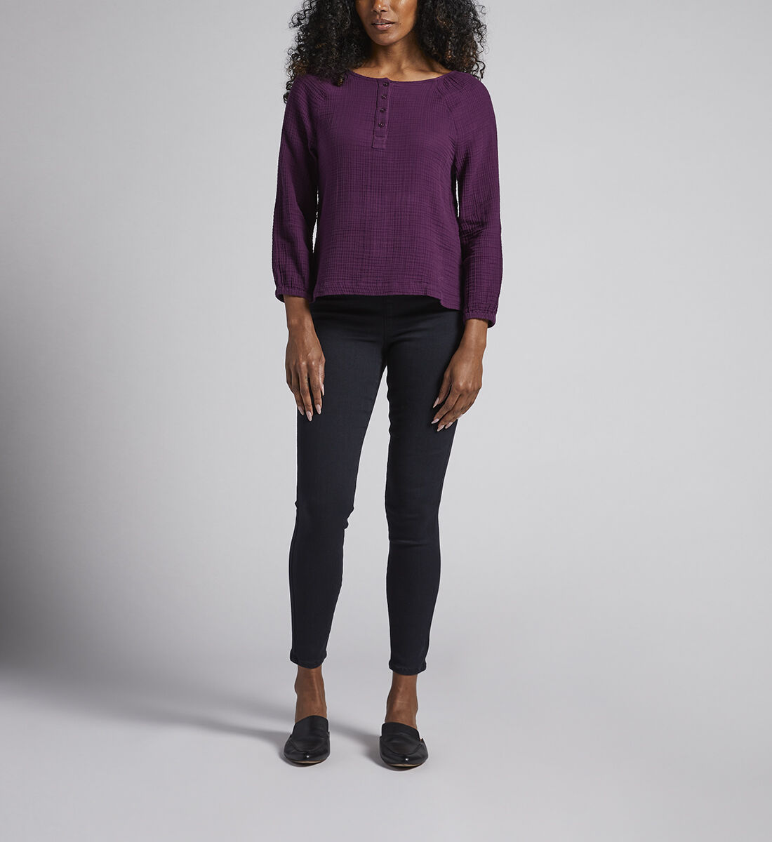 Textured Henley Blouse,Eggplant Side