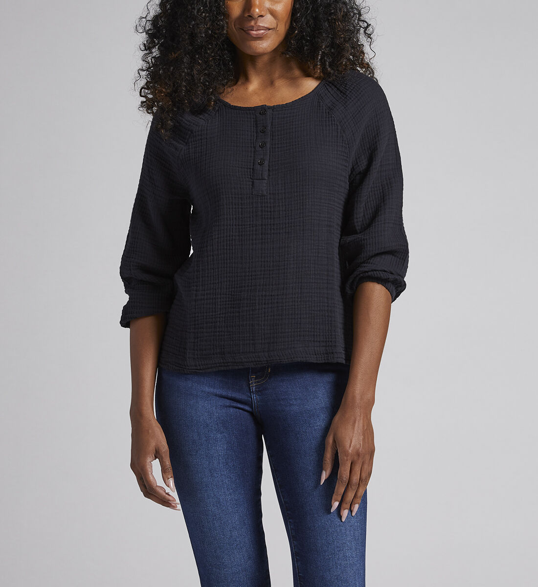 Textured Henley Blouse,Black Front