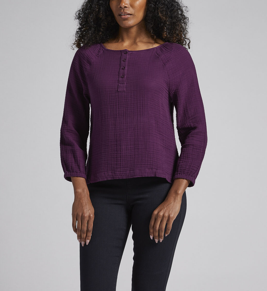 Textured Henley Blouse,Eggplant Front