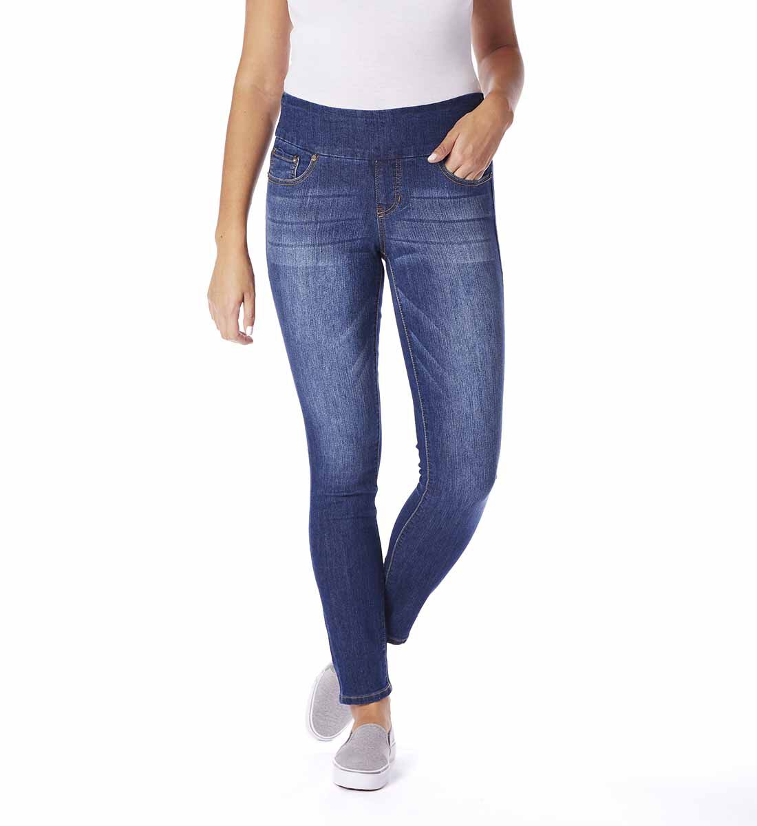 Nora Mid Rise Skinny Pull-On Jeans,Med Indigo Front