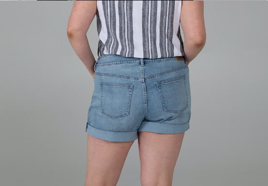 Plus size boyfriend shorts featuring flattering fit technology, a mid rise and light indigo wash